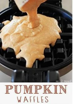 pumpkin waffles with peanut butter being drizzled on top