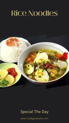 rice noodle soup is served in a white bowl