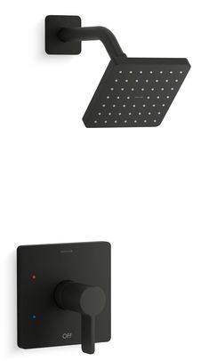 thermostaer, shower head and handset are shown in black with white dots