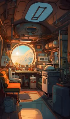 the inside of a space station with an open window