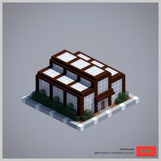 a low poly model of a house with grass on the roof and windows, in front of a gray background