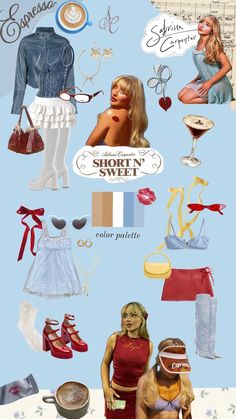 a collage of women's clothing, shoes and other items in blue background