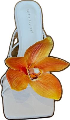 Elegant High Heels For Vacation, Elegant High Heel Heels For Vacation, Orange Sculpted Heel Heels For Summer, Elegant Orange Sandals For Summer, Elegant Orange Open Toe Sandals, Elegant White Heels For Vacation, Orange Formal Heels For Summer, Formal Flower Sandals For Summer, Formal Flower Shaped Sandals For Summer