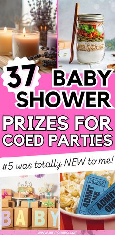 37 baby shower prizes for coed parties with image of candles, cookie mix in mason gar, boxes that say baby, and popcorn with a movie ticket in it Coed Baby Shower Games, Barbecue Baby Shower, Safari Baby Shower Boy