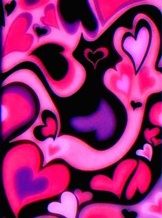 an abstract painting with lots of hearts in pink, purple and black colors on it