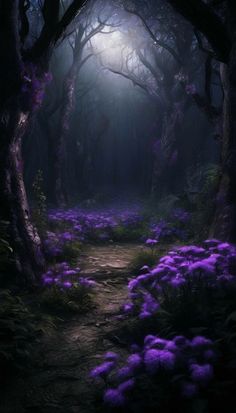 a dark forest with purple flowers on the ground