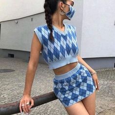 The cutest argyle set! Cute Y2k Outfits, Plaid Skirt Set, Fall Knit Sweater, Fashion Masks, Pretty Fashion, Streetwear Summer, 2000s Fashion Outfits, Y2k Clothing, 2000s Fashion