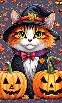 a cat wearing a hat and bow tie next to two jack o lantern pumpkins