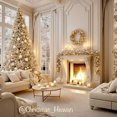 a living room filled with white furniture and christmas trees