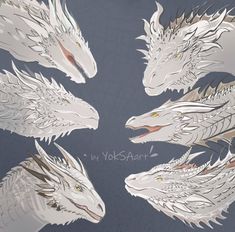 four white dragon heads are shown in this artistic drawing, and the third one has its mouth open