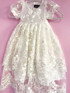 Theia organic cotton christening dress lace baby girl's | Etsy White Lace Patchwork Princess Dress For Party, White Princess Dress With Lace Patchwork For Party, Elegant Cream Baptism Dress For First Communion, Short Sleeve Lace Dress For Baptism In Spring, Elegant First Communion Gown For Spring, Elegant Lace Baptism Dress For Ceremony, Elegant Spring Gown For First Communion, Elegant White First Communion Dress For Ceremony, Princess Style Short Sleeve Lace Dress