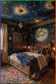 a bed room with a neatly made bed and stars on the ceiling