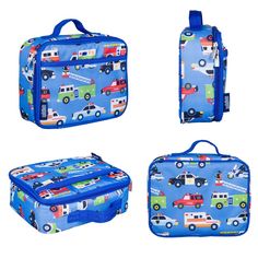 three pieces of luggage with cars and trucks on them