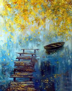 an oil painting of a boat on the water with yellow leaves falling from it's branches