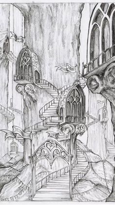 a pencil drawing of a staircase leading to a castle