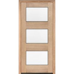 a wooden door with three glass panels on the top and bottom panel, in light wood