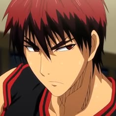 an anime character with red hair and black shirt