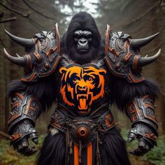 a man dressed up as a gorilla with horns and claws on his head, standing in the woods