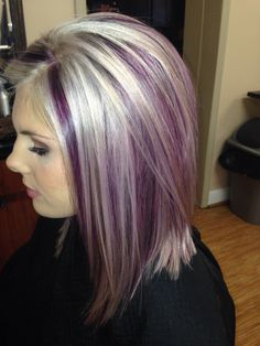 Long Hair With Purple Highlights, Deep Purple And Blonde Hair, Peekaboo Hair Color Brunettes Pink, Blonde And Plum Hair, Streaky Hair, Blonde Hair With Purple Highlights, Purple Lowlights, Red And Blonde Hair