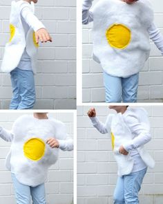 four pictures of a person wearing a costume made to look like an egg with two yellow eggs on it