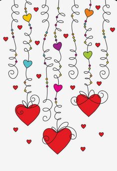 hearts hanging from strings with beads on them