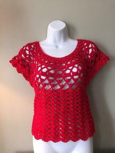 Handcrafted from acrylic yarn. Beautiful vibrant red color will enhance your life energy. Light and breezy it will be nice addition to your summer wardrobe. Measurements: Length - 20" ( 51 cm) Width at the shoulders - 23" ( 59 cm)             under the bust - 15" ( 38 cm) Fits size S Red Sleeveless Crochet Top, Red Crochet Top For Beach, Red Fitted Crochet Lace Top, Casual Red Crochet Top For Vacation, Red Open Knit Top, Red Crochet Beach Top, Bohemian Red Crochet Lace Top, Red Crochet Lace Casual Top, Red Crochet Sleeveless Top