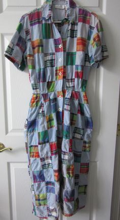 Dress is in very nice vintage condition, has a few flaws. Dress has side pockets, stretch elastic on back of waist.  Would look great belted. Check pictures, some slight fading on a few of the blue squares, a couple of spots where the fabric  shows bleeding. Questions and offers welcomed, thanks. Vintage Liz Claiborne, Madras Plaid, Boho Midi Dress, Blue Square, Womens Skirts, Plaid Dress, Liz Claiborne, Labour Day, On Back