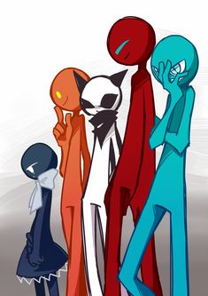 three cartoon characters standing next to each other in front of a white background with blue and red colors