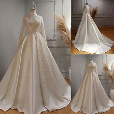 wedding dress with long sleeves and beading on the neck, in various stages of being displayed