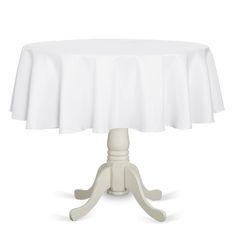 a white table topped with a white round tablecloth and wooden pedestals on an isolated white background