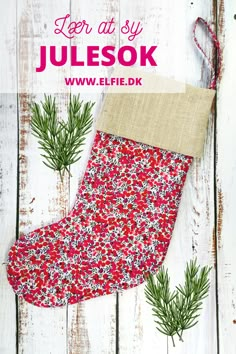 a christmas stocking hanging on a white wooden background with text overlay that reads learn to sew