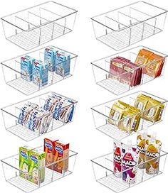 six bins with different types of food and drinks in each one, on white background