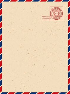 a red, white and blue striped envelope with an airmail stamp on the front