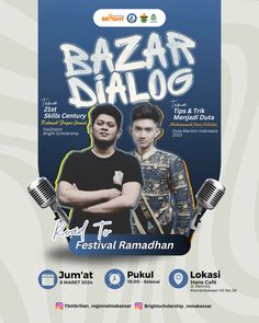 the poster for bazzar dialog festival featuring two young men with microphones