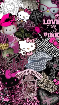 hello kitty pink and black wallpaper with lots of different things on it's surface