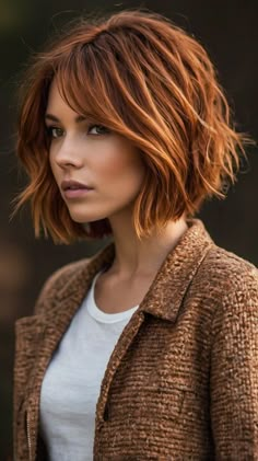 Trendy Shaggy Lob with Subtle Fall Hair Colors Copper Balayage 2024 🌊 Root Smudge Red Hair, Red Highlights On Dark Hair Short, Hair Color Ideas For Brown Eyes, Highlights In Red Hair, Pelo Color Cobre, Red Colored Hair, Bayalage Color, Subtle Fall Hair, Copper Lob