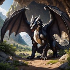 a black dragon is standing in the middle of a rocky area with mountains behind it