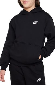 Nike Cotton Sweats For Spring, Nike Cotton Sweats With Ribbed Cuffs, Nike Cotton Sweats For Streetwear, Nike Cotton Sweats For Winter, Sports Season Hoodie With Embroidered Logo, Winter Athleisure Sweatshirt With Embroidered Logo, Black Athleisure Hoodie With Embroidered Logo, Cotton Hoodie With Kangaroo Pocket For Sports Season, Cotton Sweatshirt With Kangaroo Pocket For Sports Season