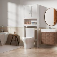 a white toilet sitting next to a bath tub in a bathroom under a round mirror