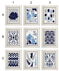 six blue and white wall art prints with different designs on them, each featuring flowers