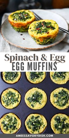 spinach and egg muffins are on a plate with the words spinach and egg muffins