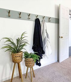 two planters with plants on them are next to a coat rack