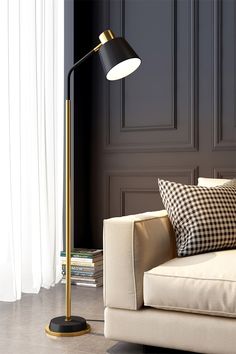 a living room with a couch, lamp and books on the table in front of it