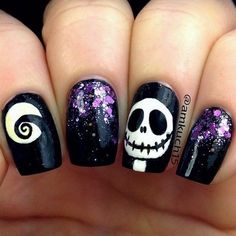 Skull Halloween Nail Art with a Bit of Purple Sequins. Halloween Nail Art Ideas. Nightmare Before Christmas Nails, Black Halloween Nails, Nail Art Halloween, Fall Nail Art Designs, Disney Nails, Nails Polish