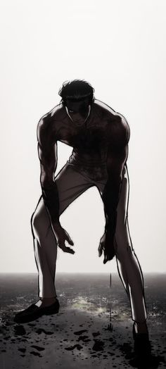 a drawing of a man kneeling down on the ground with his hands in his pockets