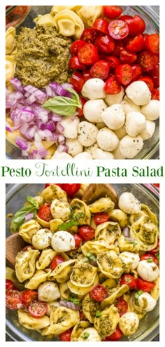 pasta salad with pesto, mozzarella and tomatoes in a glass bowl on a white background