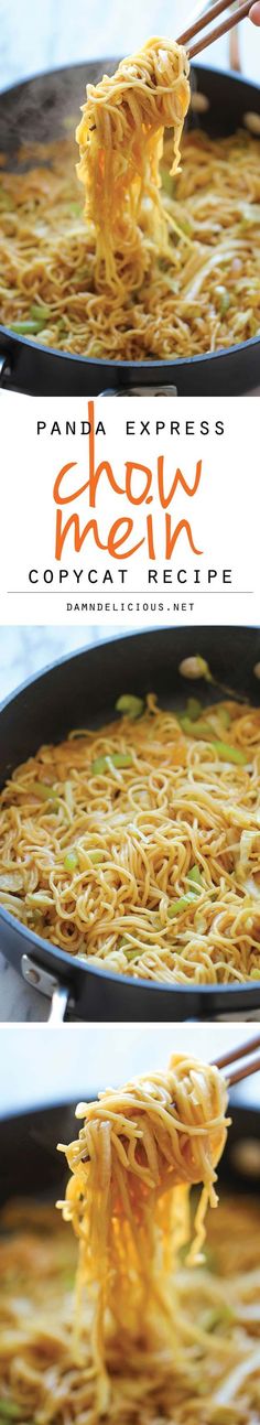 two pictures of noodles being cooked in pans with chopsticks on the side