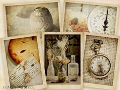 four pictures of clocks, bottles and other items are arranged in a collage together