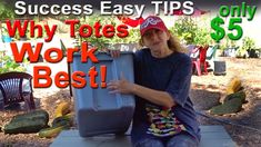 a woman sitting on top of a bench holding a large trash can with the words success easy tips why tos work best