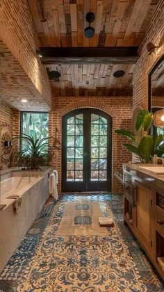 a large bathroom with an ornate rug on the floor